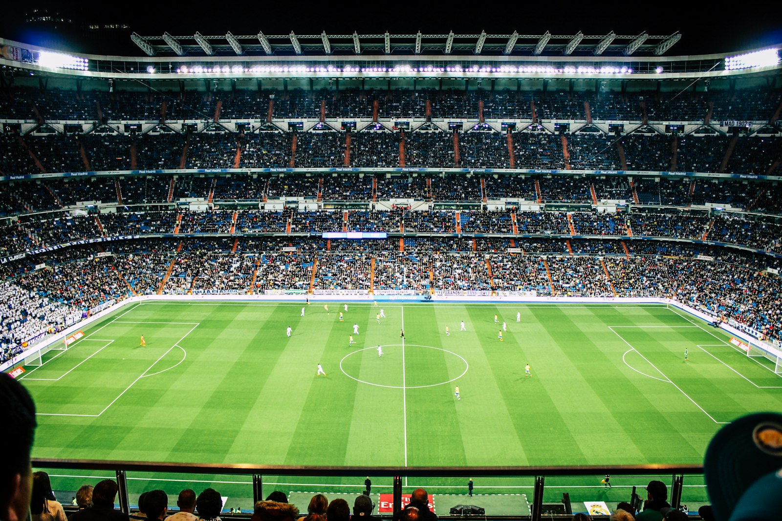 Soccer field inside a stadium on match day